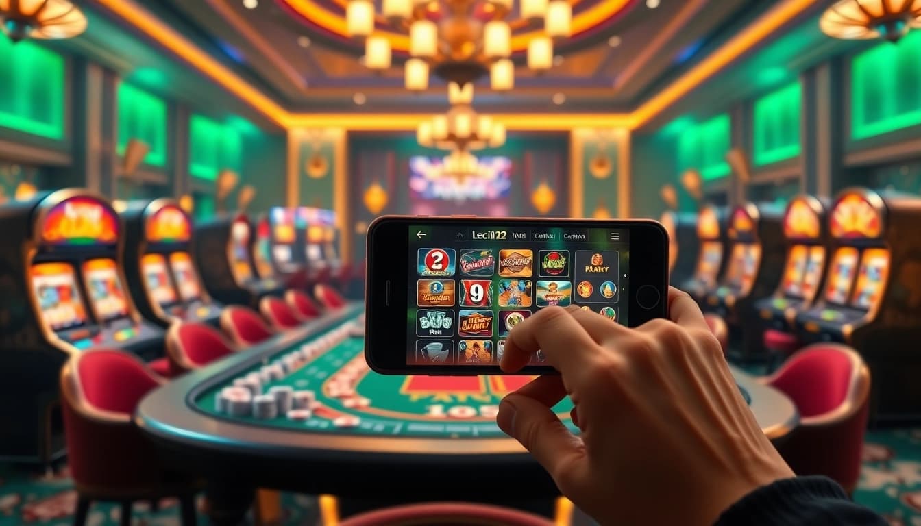 Excited player using leci123 app on smartphone in a luxurious casino setting