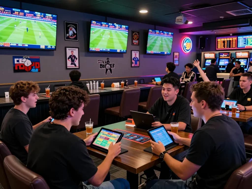 Excited friends placing zbet sports bets at a lively lounge.