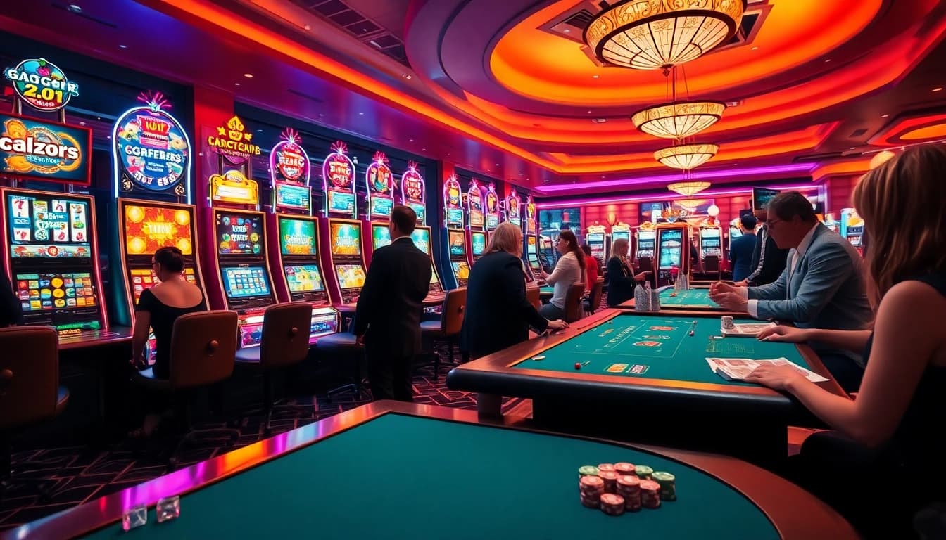 Experience the thrill of Slot gacor with a vibrant casino scene showcasing exciting games and joyful players.