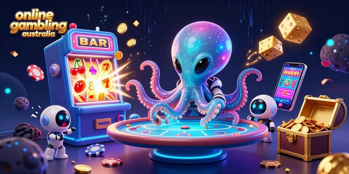 Experience online gambling Australia with a dynamic scene of an alien octopus engaging in poker surrounded by exciting game elements.