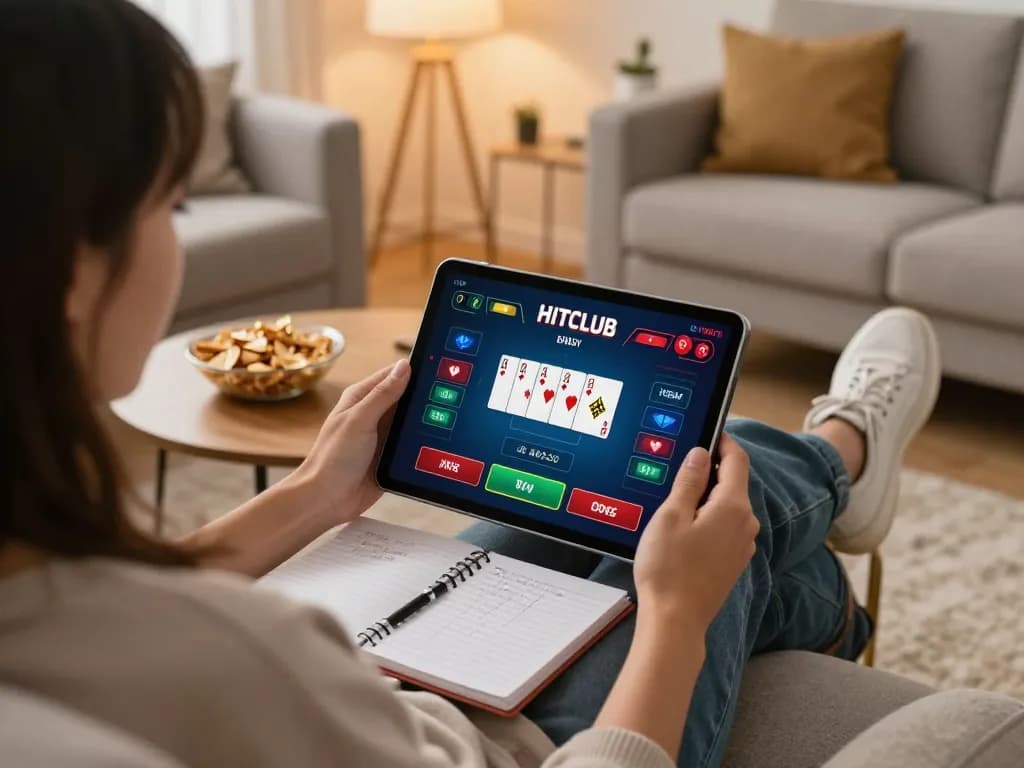 Engaging in strategic online betting on HITCLUB from a cozy home setup with a tablet.