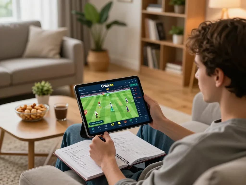 Crickex user placing live bets on cricket from their cozy home setup
