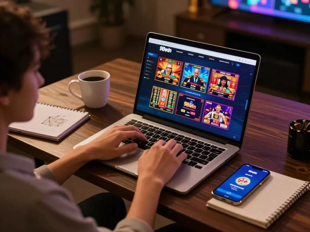 Engaged player utilizing 98win for online gambling from a stylish home office.