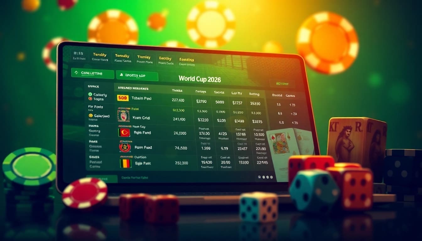 Engage in Taruhan Bola with vibrant betting odds and casino elements in a digital setting.