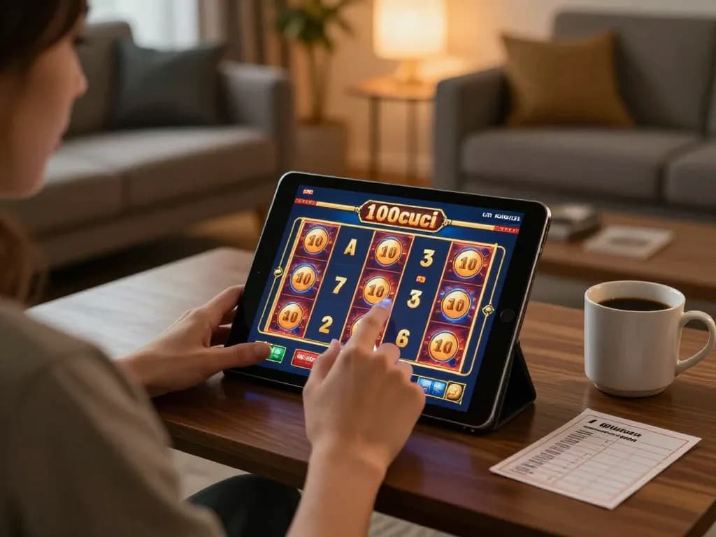 Engaging with 100cuci slot games online from a cozy home setting, showcasing responsible gaming.