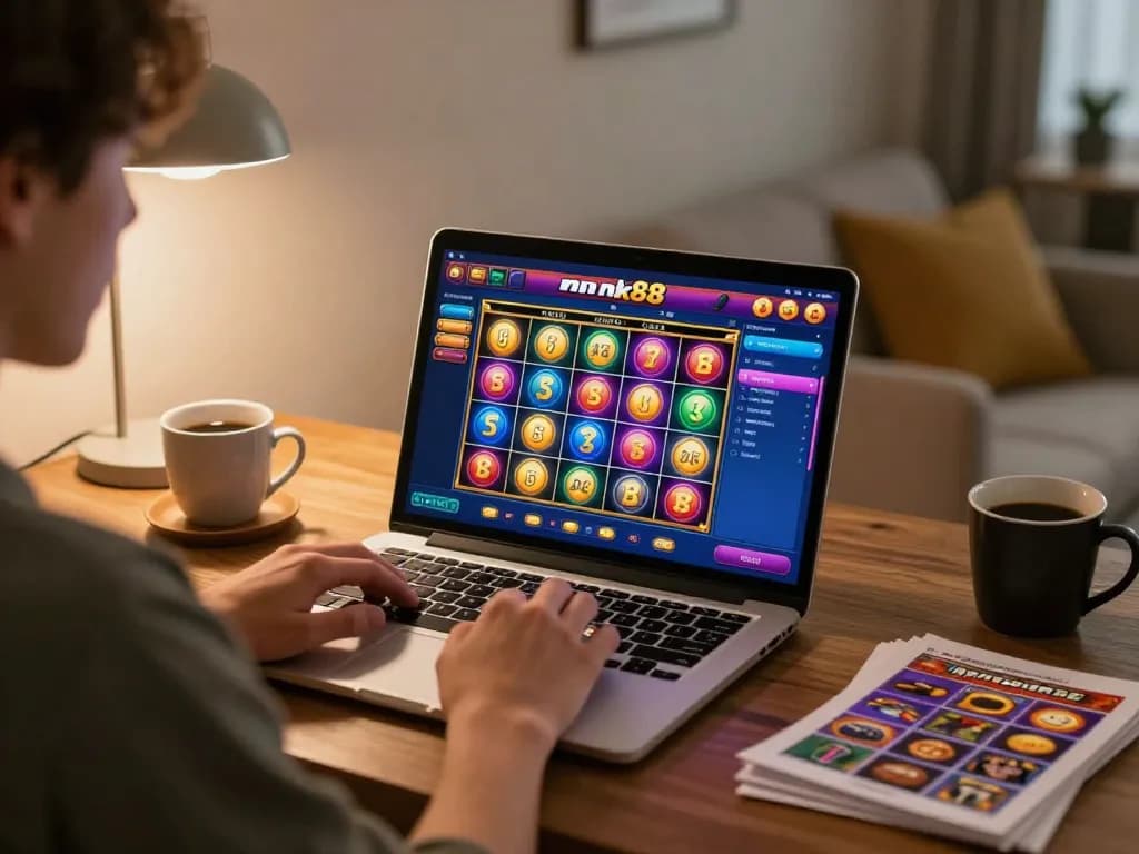 Engaging in exciting nk88 online gaming session, player focused on colorful slots interface.