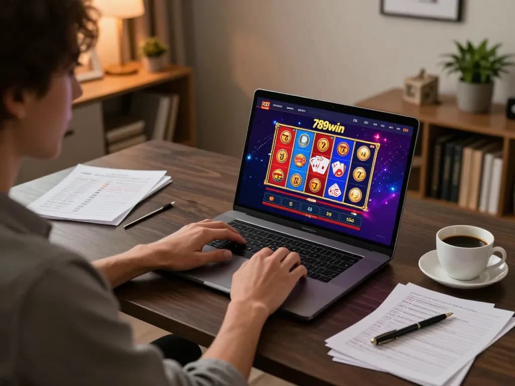 Engaging with vibrant 789win slots and online games in a cozy home office.