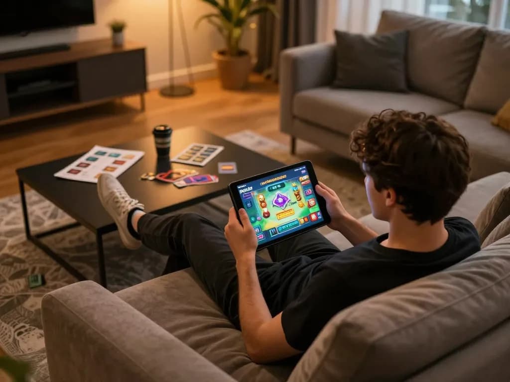 Akun Demo showcased on a tablet during an engaging home gaming session, emphasizing responsible gambling.
