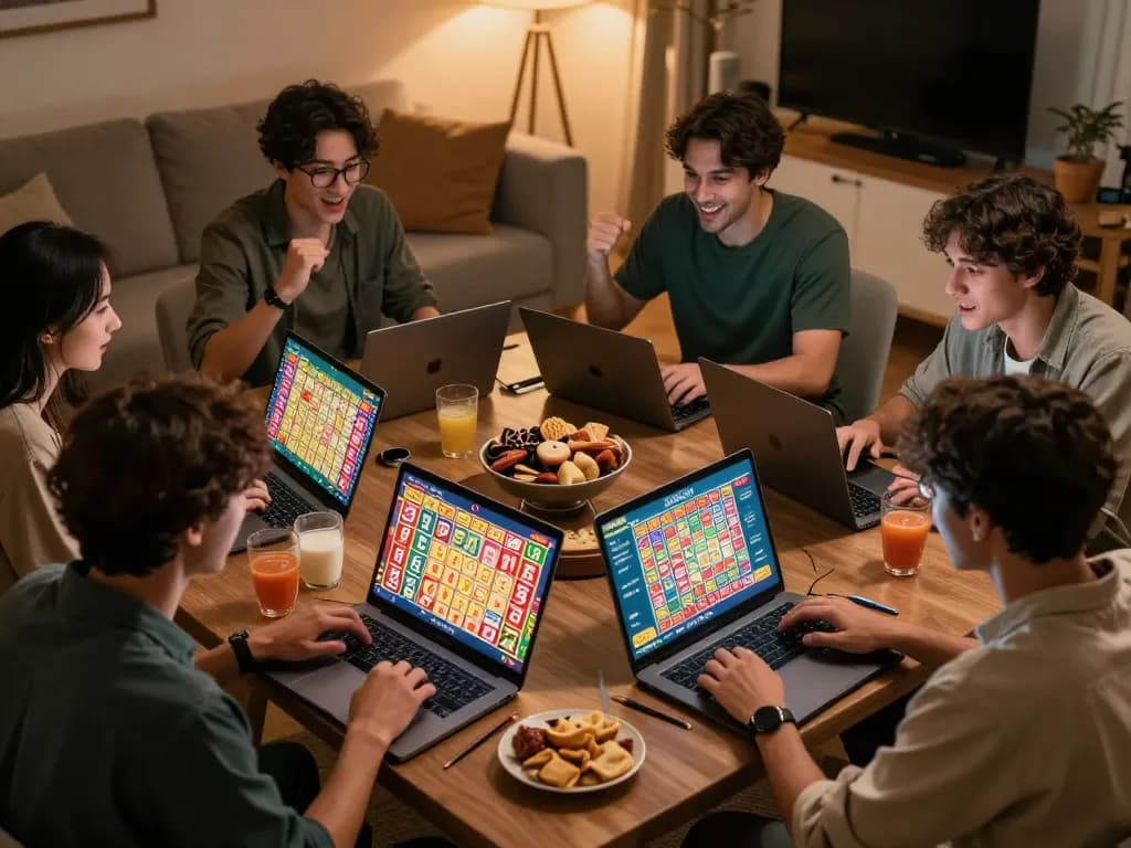 Togel88 Login Link Alternatif highlighted in an exciting home gaming scene with players engaging in strategic lottery decisions.