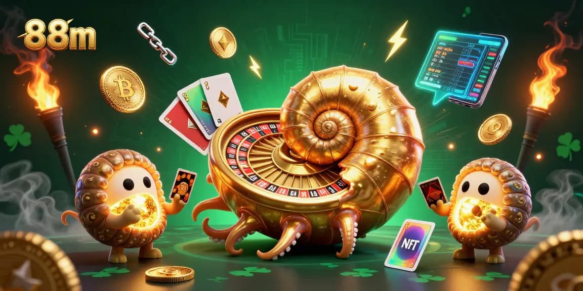 Experience thrilling gaming at 88m with the glowing nautilus and cryptocurrency elements.