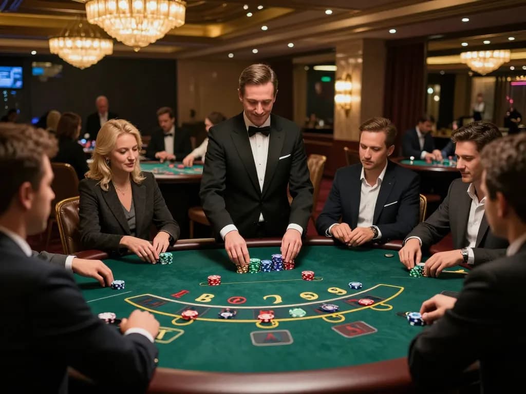 Engaged players at a TG88 blackjack table placing bets in an upscale casino atmosphere.