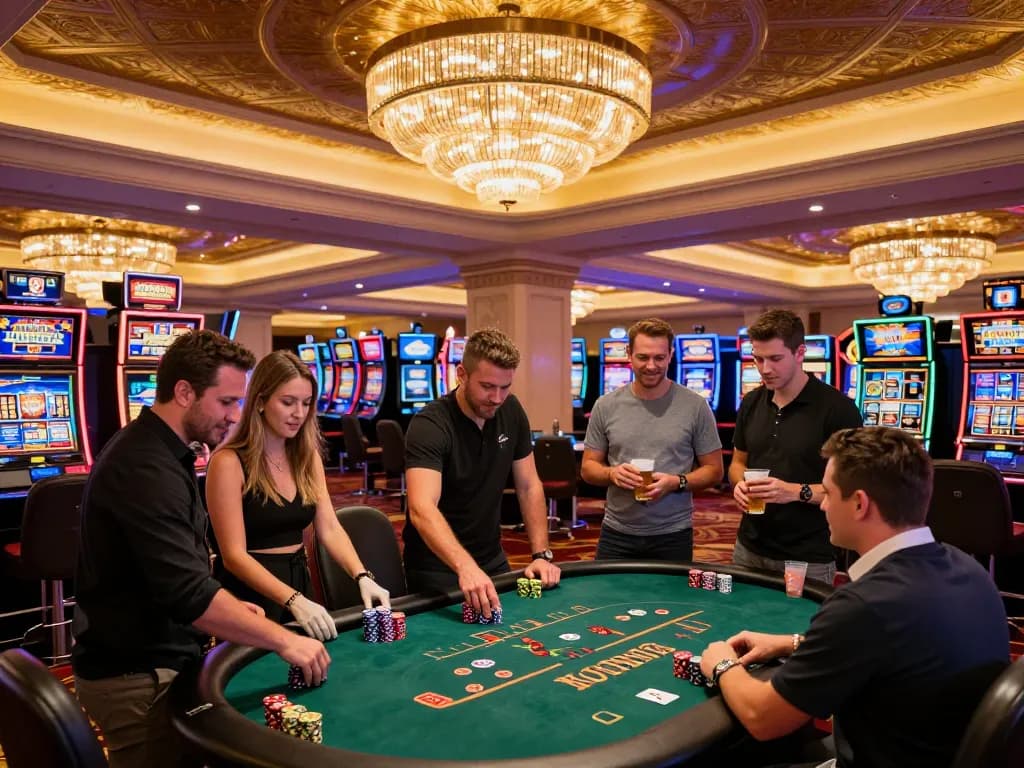 Players enjoying a lively poker game at a luxurious casino while experiencing the excitement of five88.