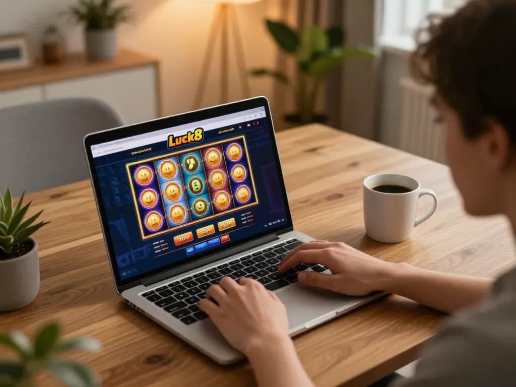 Luck8 online gaming scene with a person enjoying live slots on a laptop at home.