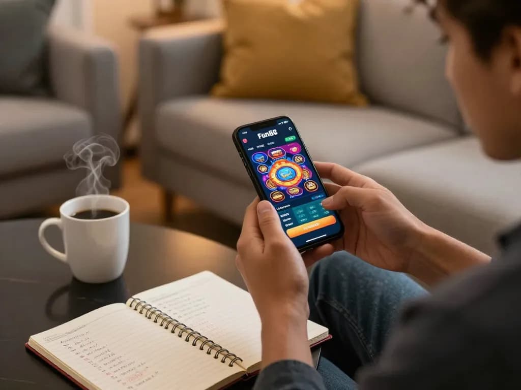 Engage with Fun88 mobile app gameplay on a cozy sofa, showcasing an inviting home casino experience.
