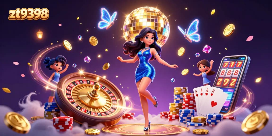 Experience thrilling wins at zt9398’s dynamic casino scene featuring vibrant lights, cascading coins, and a glamorous dancer.