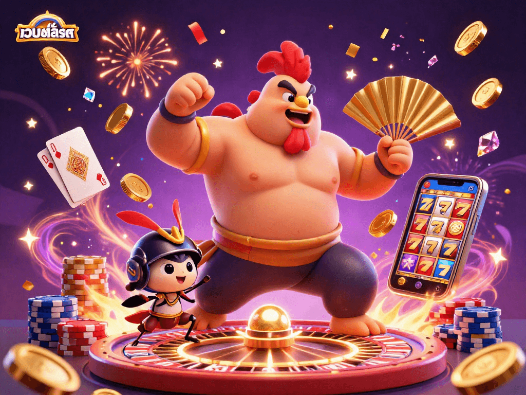 Experience the thrill of เว็บสล็อต with a powerful sumo rooster and dynamic casino elements.