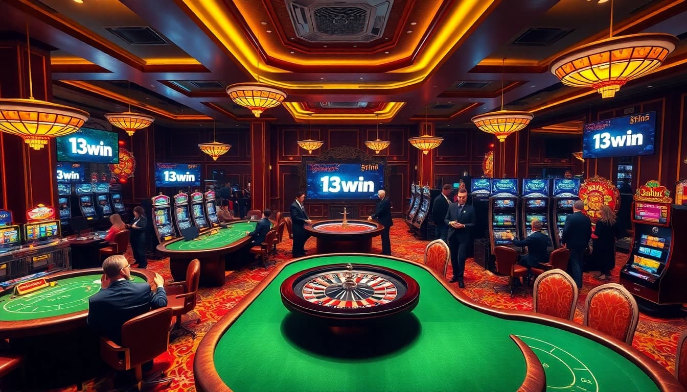 Exciting casino scene showcasing the thrilling atmosphere of 13win with vibrant games and players enjoying their bets.