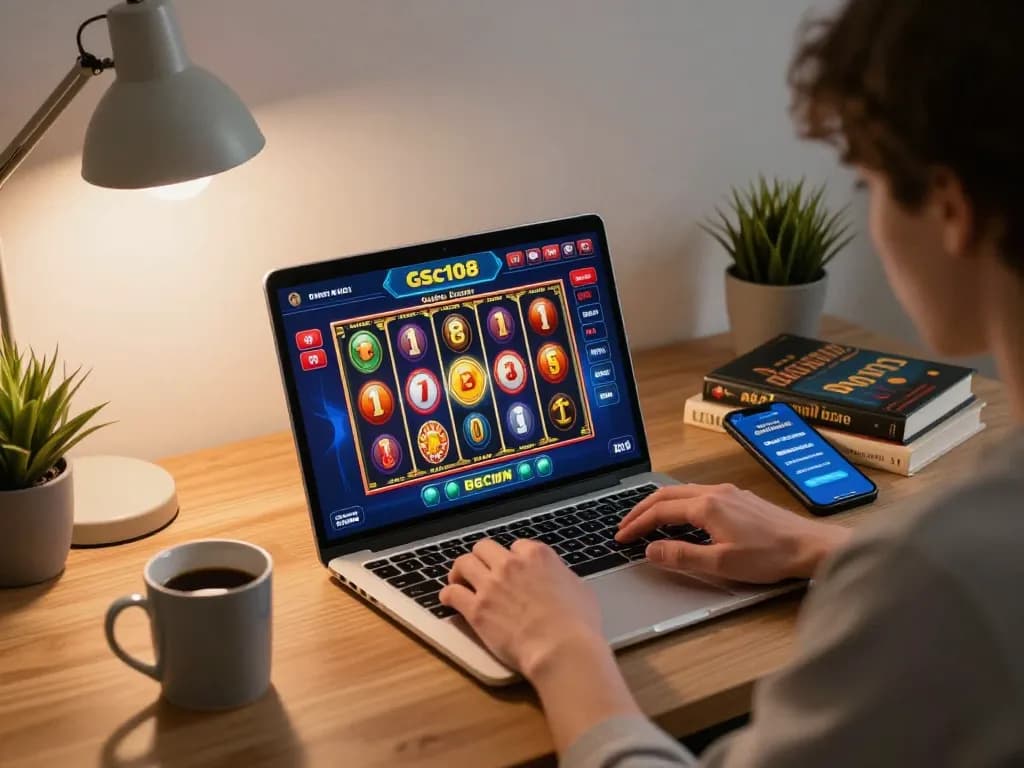 Berinteraksi dengan platform kasino online Gsc108 di laptop, menampilkan permainan yang dinamis.