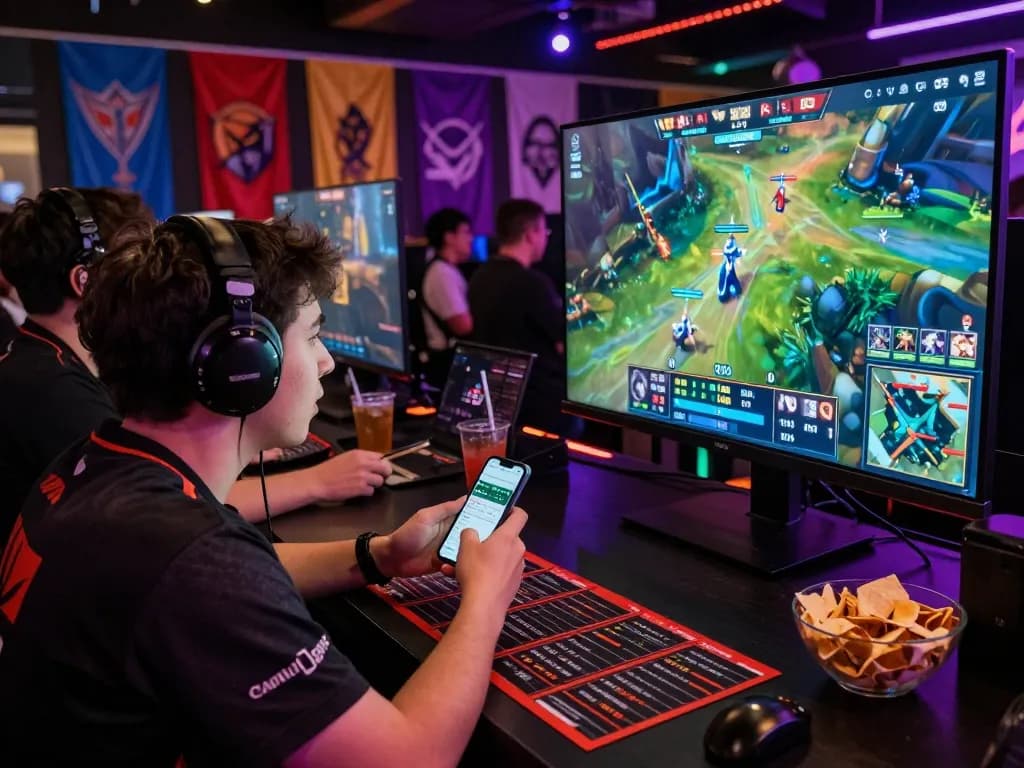 Dota 2 betting scene with fan watching live match and engaging with betting slips, showcasing excitement