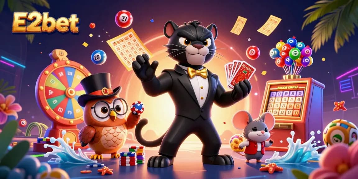 E2bet showcases an exciting scene with a tuxedo panther, an owl, and a mouse enjoying lively casino games.