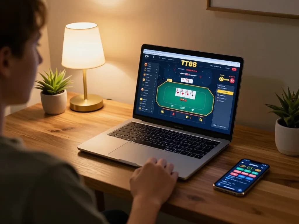 Play TT88 online poker from home on stylish laptop with energetic ambiance