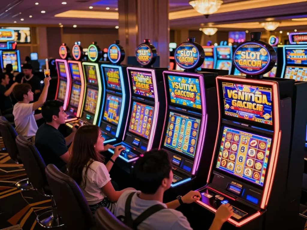 Players enjoying the excitement of Slot Gacor machines in a lively casino environment