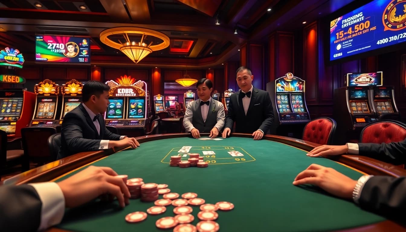 Engage with kp88's premium casino experience showcasing high-stakes poker and vibrant slot machines.