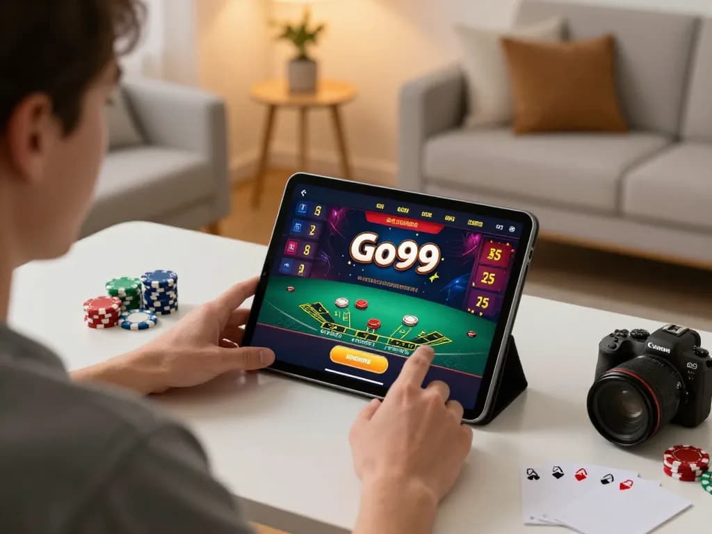 Player enjoying Go99 online blackjack on tablet, capturing the essence of home gaming experience.