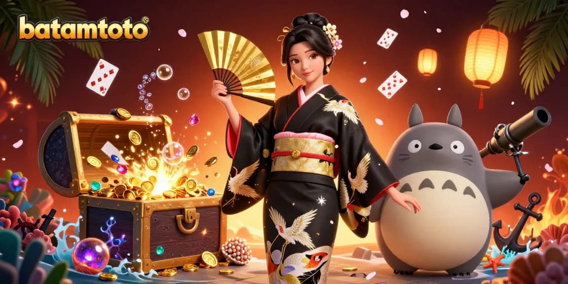 Experience diverse gaming opportunities on Batamtoto with a vibrant scene featuring an elegant Asian woman and a wise tanuki.