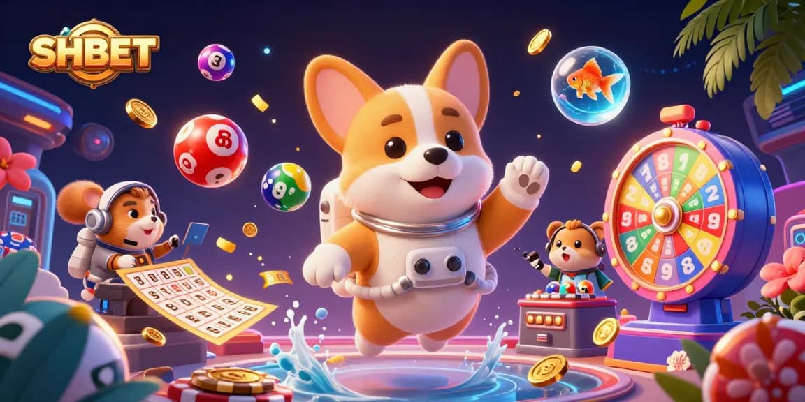 Experience thrilling gameplay at SHBET with floating casino characters in a vibrant 3D illustration.