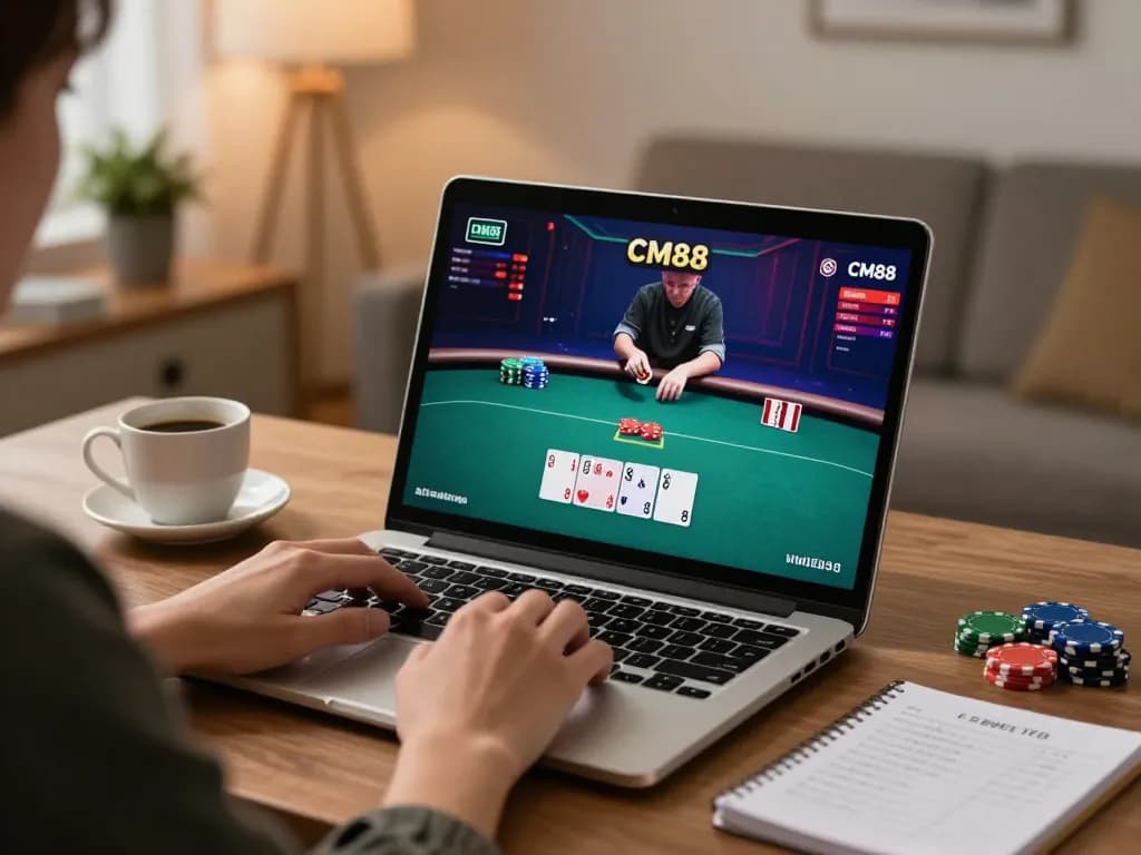 Engaging poker action on CM88 during a cozy home gaming session with a laptop.