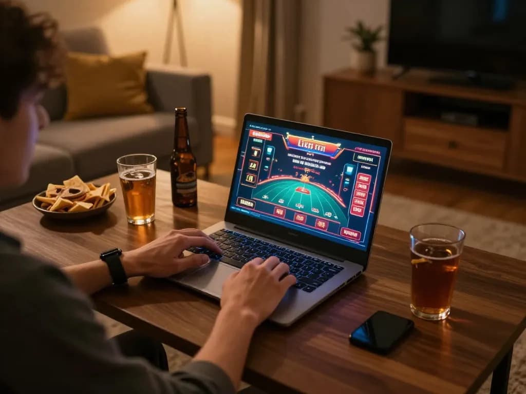 Engaged player enjoying PH22 online live casino experience on laptop, cozy home atmosphere.