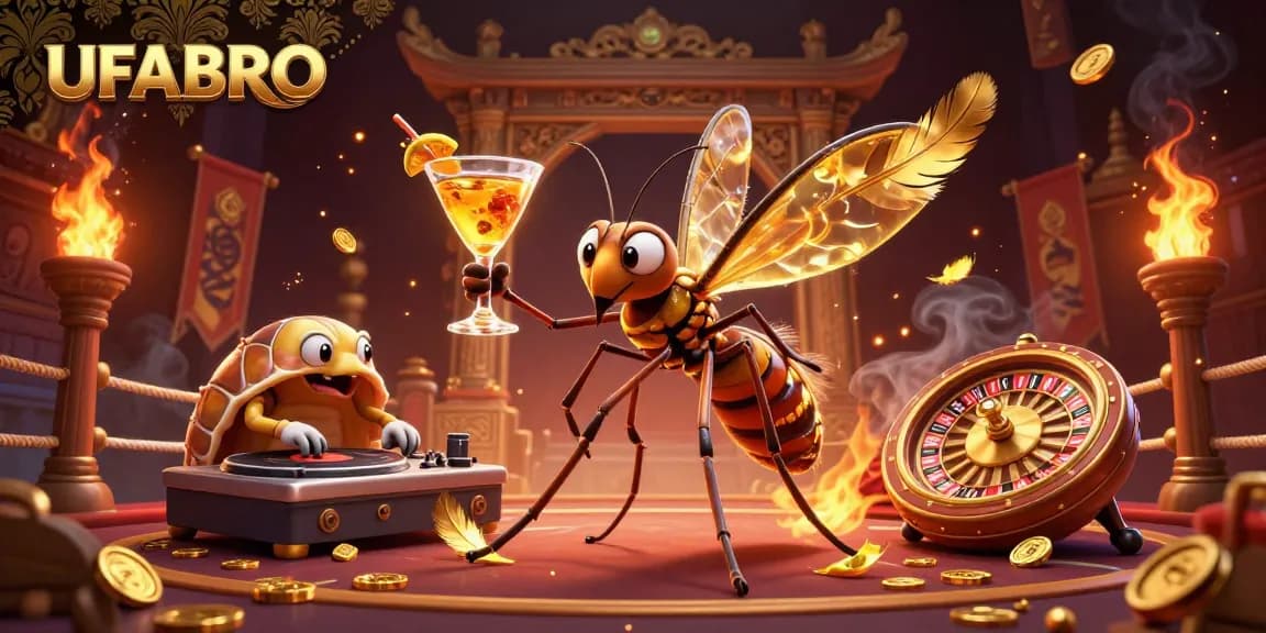 Experience the excitement of UFABRO through a vibrant casino illustration featuring a returning mascot and dynamic elements.