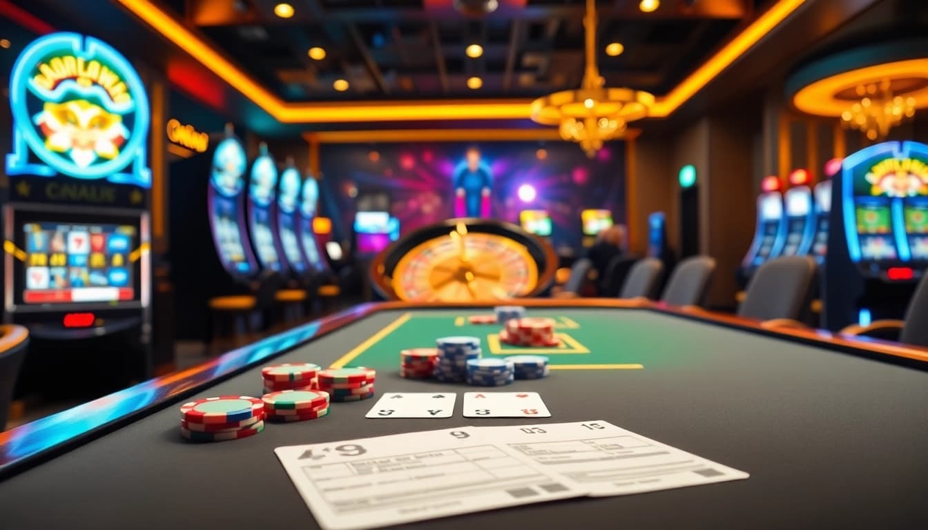 Engaging casino setup with Goal123 branding, featuring poker chips, cards, and roulette table.