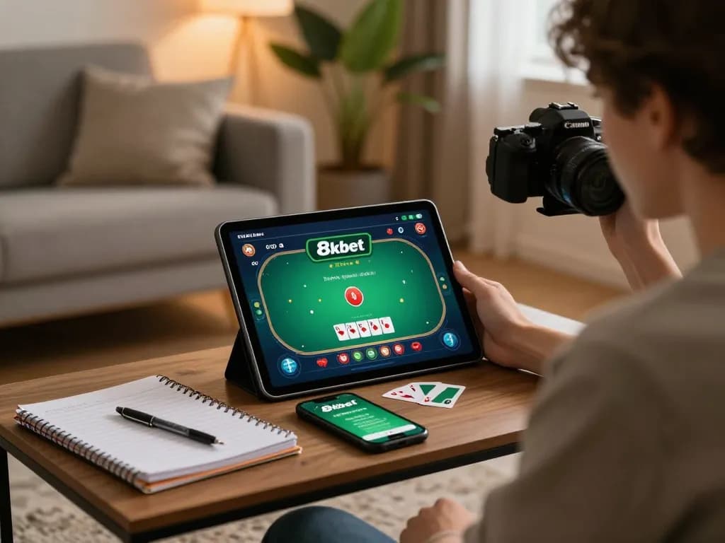 Engaging in online poker gameplay on 8xbet using tablet, showcasing strategic betting in a warm living room.