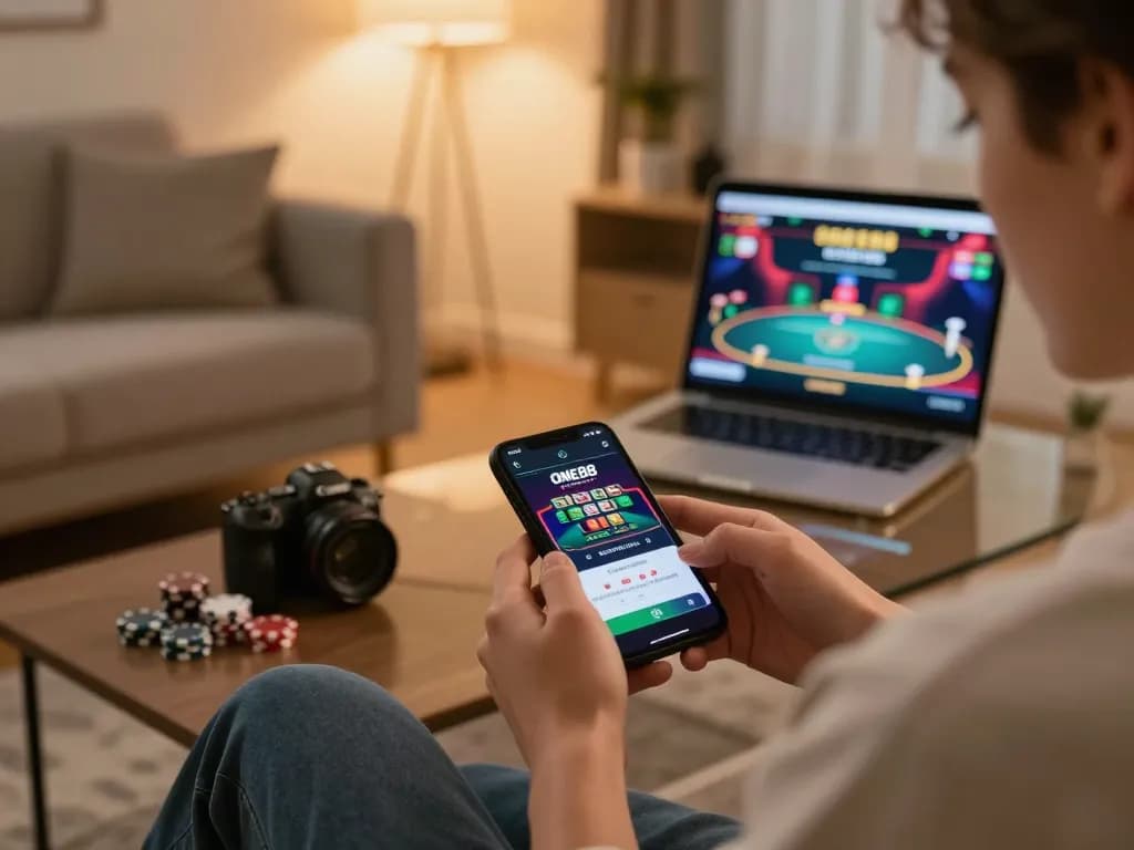 Player using ONE88 app on smartphone for online gambling in a cozy living room