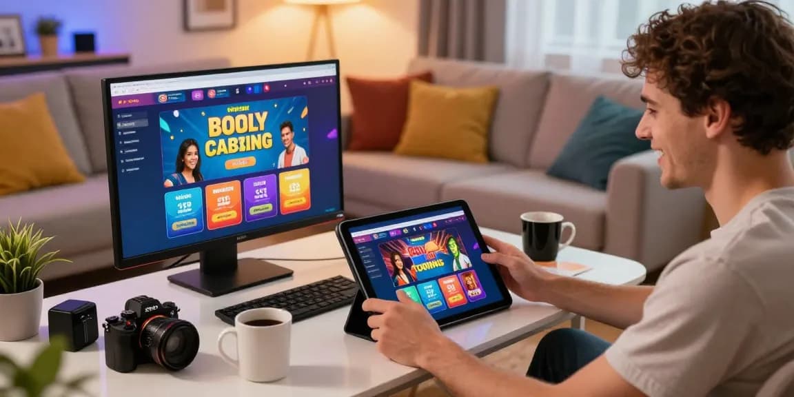 Engaging with new online casinos in a stylish living room, showcasing vibrant gaming experience.