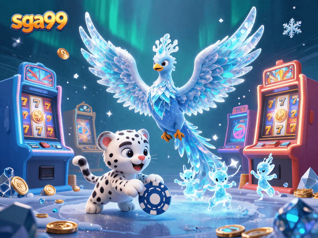 Experience the excitement of sga99 with lively cartoon characters playing slots in a vibrant casino scene.