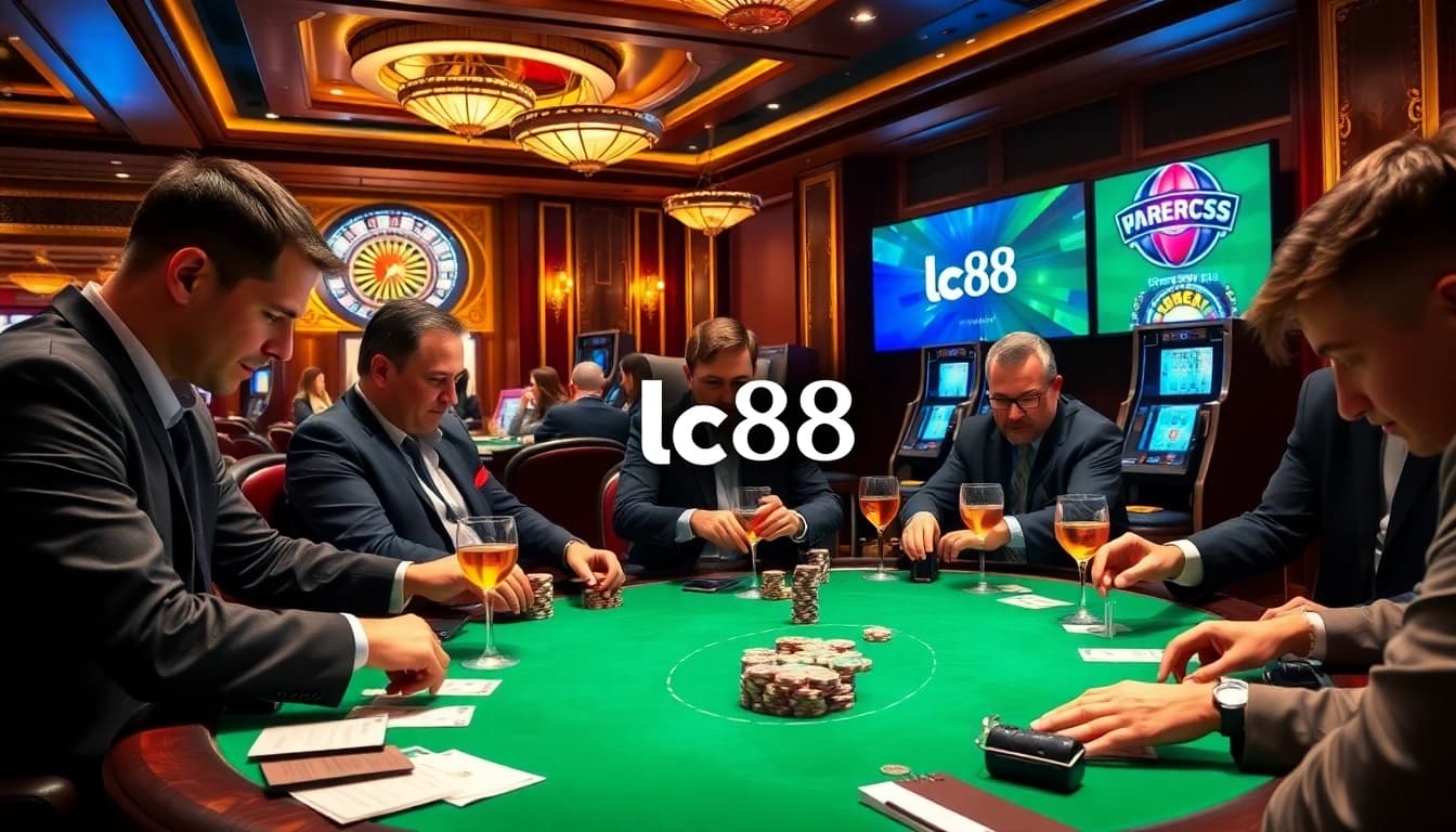 Players enjoying a high-stakes game at lc88 casino, surrounded by vibrant poker chips and roulette wheels.