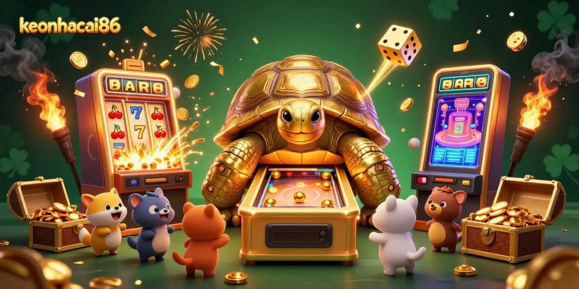 Experience thrilling gameplay with keonhacai86's dynamic casino scene showcasing vibrant slot machines and a fun tortoise.
