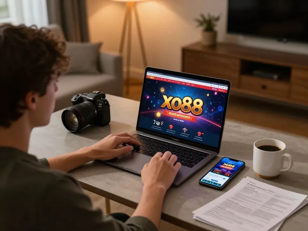 Engaging in xo88 online gaming with a laptop and smartphone in a stylish home setup