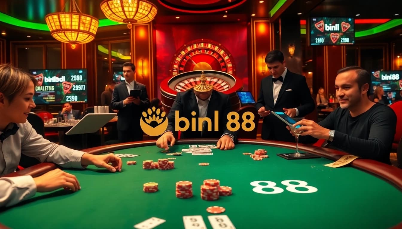 Players enjoying an exciting game at Bin88 casino with vibrant poker and roulette tables.