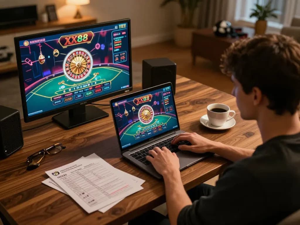 Player engaging with online XX88 casino games, surrounded by strategy notes and coffee in cozy home