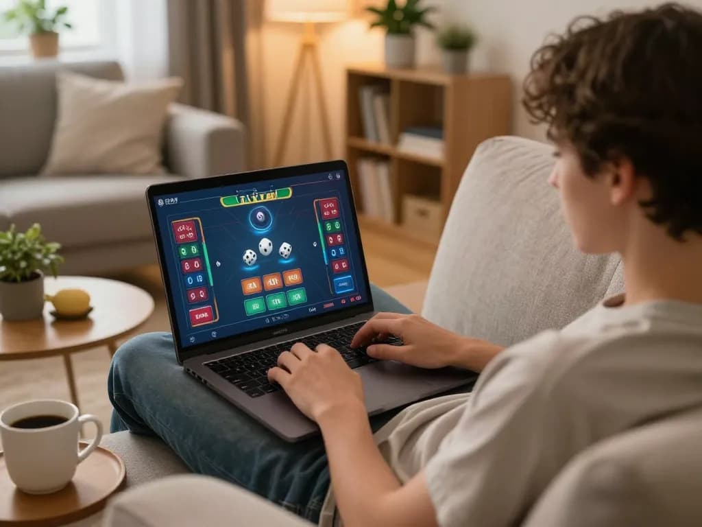 Tài xỉu online gaming experience with user placing bets on laptop in cozy home setting.