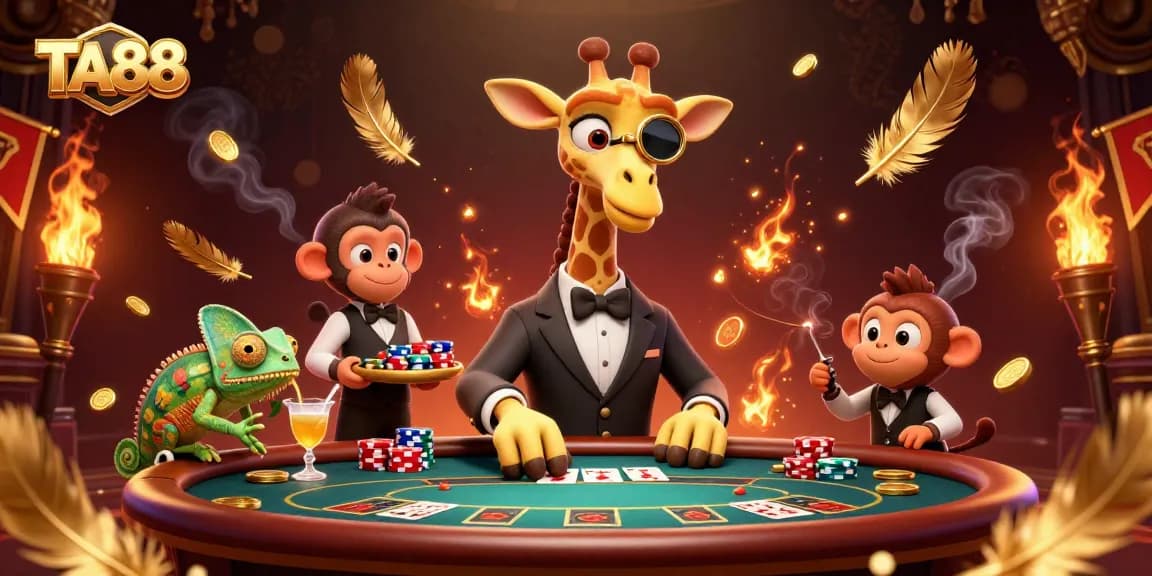 TA88 poker scene with a giraffe high-roller, monkey valet, and chameleon bartender in action.