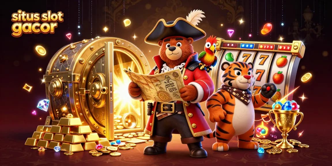 Situs slot gacor highlights thrilling casino gameplay with a 3D cartoon pirate captain bear and his crew.