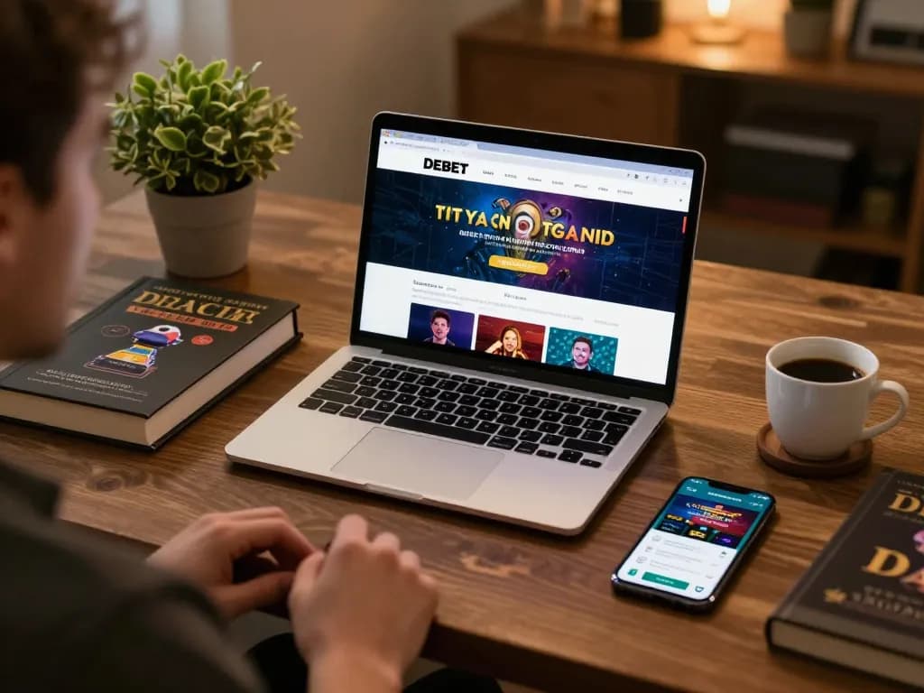 Engaging with the DEBET online platform on a cozy laptop setup, highlighting strategic play and responsible gambling.