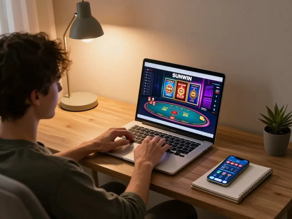 SUNWIN online gaming session with a player engaged at home using a laptop for strategic gameplay.