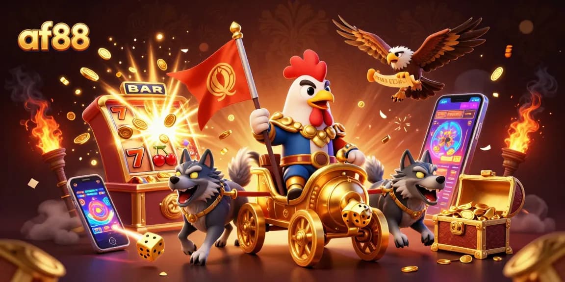 Engage in thrilling gaming at af88 with a rooster warlord leading a jackpot adventure through festive lights and gold.