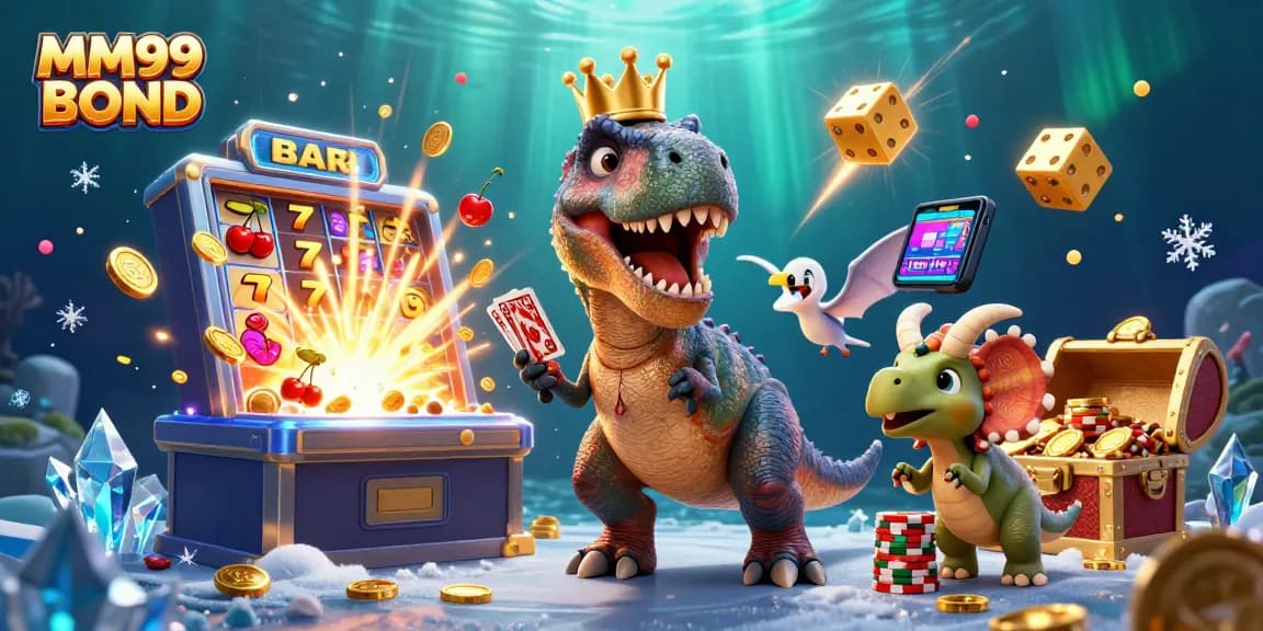 Experience the thrill of MM99 BOND with T-Rex, chips, and vibrant casino elements.